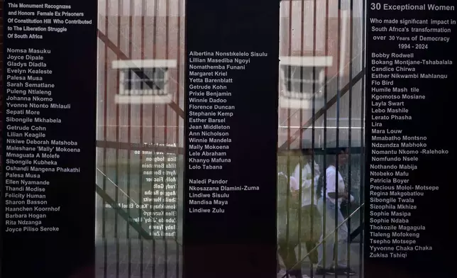 Names of former prisoners are displayed at Women's Jail, a museum that stands near the Constitutional Court, in Johannesburg, South Africa, Wednesday, July 22, 2026. (AP Photo/Themba Hadebe)