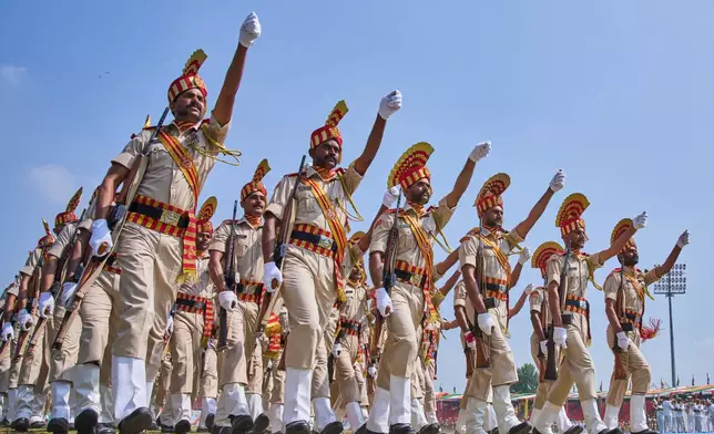 Indian paramilitary soldiers march during the final rehearsal for India's Independence Day parade in Srinagar, Indian-controlled Kashmir, Thursday, Aug. 13, 2026. (AP Photo/Dar Yasin)