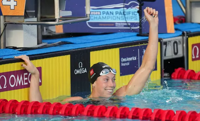 Gretchen Walsh, of the United States, celebrates after winning the women's 50-meter butterfly final at the Pan Pacific Swimming Championships in Irvine, Calif., Wednesday, Aug. 12, 2026. (AP Photo/Jae C. Hong)