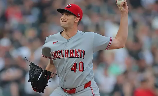 Cincinnati Reds starting pitcher Nick Lodolo throws during the first inning of a baseball game against the Chicago White Sox, Tuesday, Aug. 11, 2026, in Chicago. (AP Photo/Melissa Tamez)
