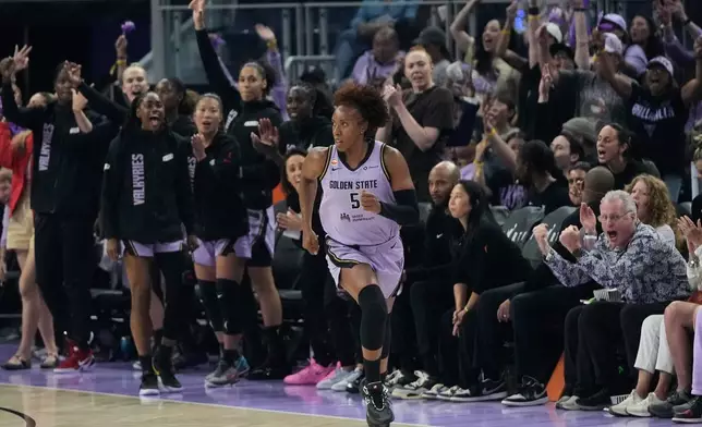 Golden State Valkyries forward Kayla Thornton (5) runs up the court after scoring against the Minnesota Lynx during the first half of a WNBA basketball game in San Francisco, Wednesday, Aug. 19, 2026. (AP Photo/Jeff Chiu)