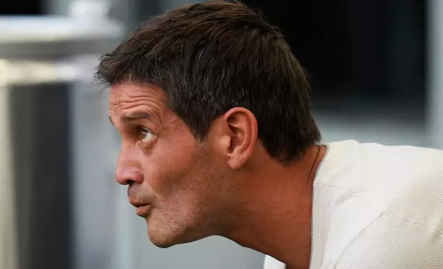 Inter Milan's head coach Cristian Chivu watches during a Serie A soccer match between Inter Milan and Monza, in Milan, Italy, Saturday, Aug. 22, 2026. (AP Photo/Luca Bruno)