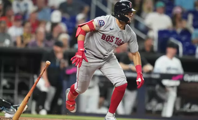 Boston Red Sox's Anthony Seigler runs after hitting a single during the second inning of a baseball game against the Miami Marlins, Wednesday, Aug. 26, 2026, in Miami. (AP Photo/Lynne Sladky)