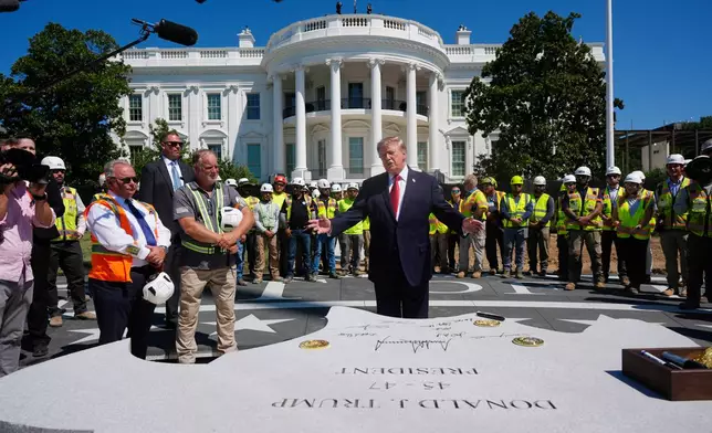 President Donald Trump speaks outside the White House, Wednesday, Aug. 19, 2026, in Washington, at the construction site of the new helicopter landing zone on the South Lawn of the White House. (AP Photo/Manuel Balce Ceneta)