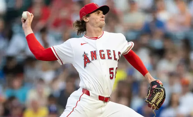 Los Angeles Angels starting pitcher George Klassen works against a Texas Rangers batter in the first inning of a baseball game Wednesday, Aug. 12, 2026, in Anaheim, Calif. (AP Photo/Karl Anderson)