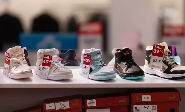 Children's shoes for sale are displayed at a JCPenney store in Glendale, Calif., Tuesday, Aug. 11, 2026. (AP Photo/Jae C. Hong)