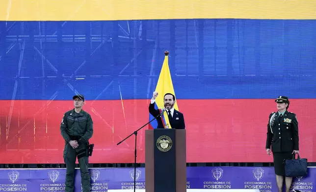Colombia's President Abelardo de la Espriella delivers his inaugural address after taking the oath of office in Cali, Colombia, Friday, Aug. 7, 2026. (AP Photo/Ivan Valencia)