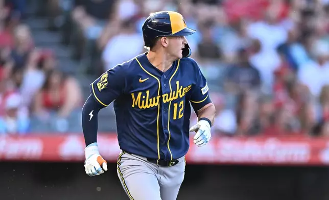 Milwaukee Brewers' Cooper Pratt runs after hitting an RBI double during the second inning of a baseball game against the Los Angeles Angels, Friday, July 31, 2026, in Anaheim, Calif. (AP Photo/William Liang)
