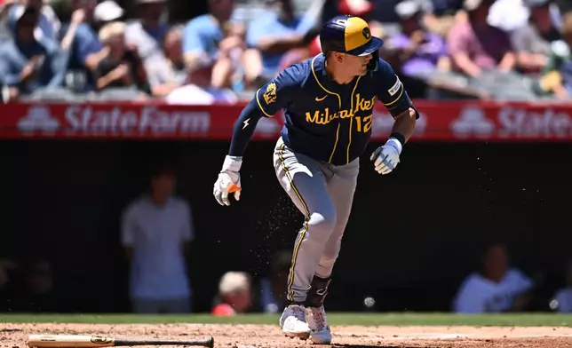 Milwaukee Brewers' Cooper Pratt runs after hitting a single during the fifth inning of a baseball game against the Los Angeles Angels, Sunday, Aug. 2, 2026, in Anaheim, Calif. (AP Photo/William Liang)