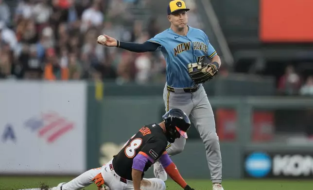 Milwaukee Brewers shortstop Cooper Pratt, top, throws to first base after forcing San Francisco Giants' Grant McCray, bottom, out at second base on a double play hit into by Drew Cavanaugh during the second inning of a baseball game, Tuesday, July 28, 2026, in San Francisco. (AP Photo/Jeff Chiu)