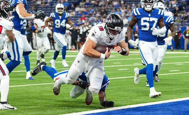 Atlanta Falcons quarterback Jack Strand (18) runs for a touchdown against the Indianapolis Colts during the second half of an NFL football game in Indianapolis, Saturday, Aug. 22, 2026. (AP Photo/AJ Mast)