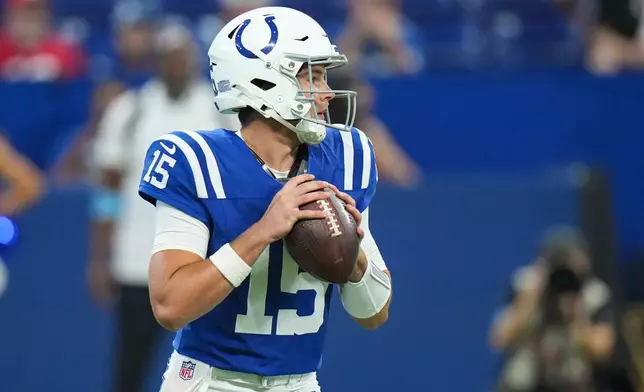 Indianapolis Colts quarterback Riley Leonard (15) throws during the first half of an NFL football game against the Atlanta Falcons in Indianapolis, Saturday, Aug. 22, 2026. (AP Photo/AJ Mast)