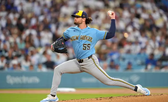 Milwaukee Brewers starting pitcher Shane Drohan throws to the plate during the first inning of a baseball game against the Los Angeles Dodgers, Thursday, Aug. 13, 2026, in Los Angeles. (AP Photo/Mark J. Terrill)
