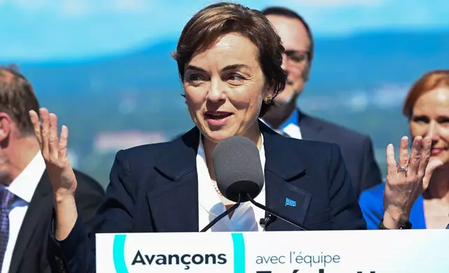 Coalition Avenir Quebec Leader Christine Frechette speaks during a news conference after calling a general election in Quebec City, on Thursday, Aug. 27, 2026. (Jacques B/The Canadian Press via AP)