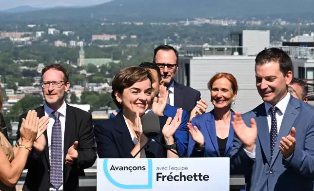 Coalition Avenir Quebec Leader Christine Frechette holds a news conference after calling a general election in Quebec City, on Thursday, Aug. 27, 2026. (Jacques Boissinot/The Canadian Press via AP)