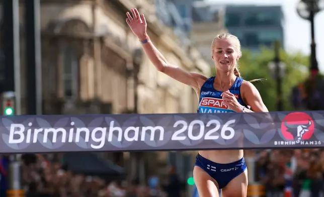 Alisa Vainio of Finland wins the women's marathon at the European Athletics Championships in Birmingham, England, Sunday, Aug. 16, 2026. (AP Photo/Morgan Harlow)
