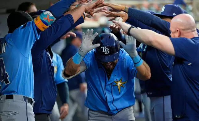 Tampa Bay Rays' Jonathan Aranda celebrates his home run against the Detroit Tigers during the sixth inning of a baseball game Monday, Aug. 24, 2026, in Detroit. (AP Photo/Paul Sancya)