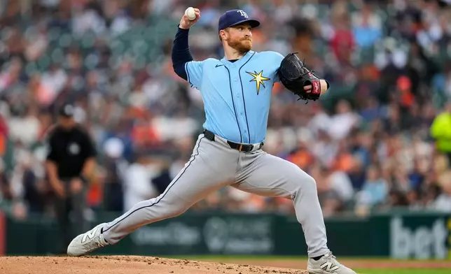 Tampa Bay Rays pitcher Drew Rasmussen throws against the Detroit Tigers during the first inning of a baseball game Monday, Aug. 24, 2026, in Detroit. (AP Photo/Paul Sancya)