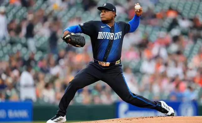 Detroit Tigers pitcher Framber Valdez throws against the Tampa Bay Rays during the first inning of a baseball game Monday, Aug. 24, 2026, in Detroit. (AP Photo/Paul Sancya)