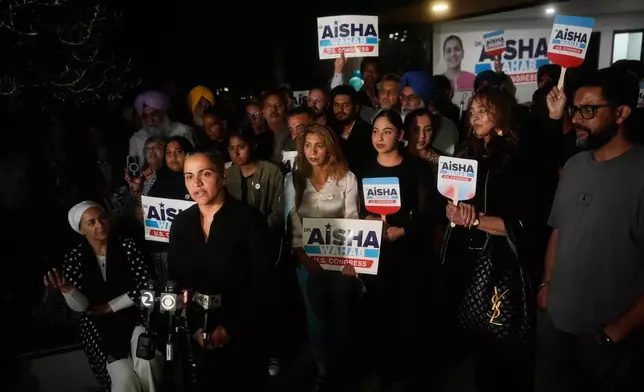 State Sen. Aisha Wahab, a Democratic candidate for Congress in California's 14th district, speaks during a primary election night event on Tuesday, Aug. 18, 2026, in Hayward, Calif. (AP Photo/Jeff Chiu)