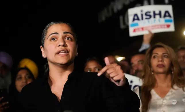 State Sen. Aisha Wahab, a Democratic candidate for Congress in California's 14th district, speaks during a primary election night event on Tuesday, Aug. 18, 2026, in Hayward, Calif. (AP Photo/Jeff Chiu)