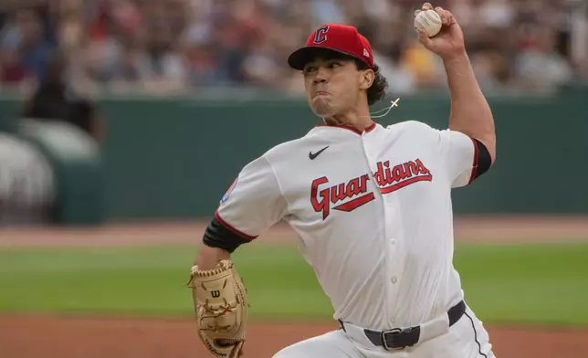 Cleveland Guardians starting pitcher Joey Cantillo delivers against the San Diego Padres during the first inning of a baseball game, Saturday, Aug. 15, 2026, in Cleveland. (AP Photo/Phil Long)