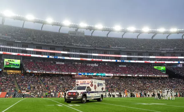 Philadelphia Eagles' Ja'Quinden Jackson is taken away in an ambulance after an injury against the New England Patriots during the first half of an NFL preseason football game, Saturday, Aug. 22, 2026, in Foxborough, Mass. (AP Photo/Robert F. Bukaty)