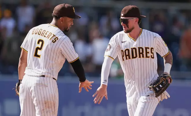 San Diego Padres center fielder Jackson Merrill, right, celebrates with shortstop Xander Bogaerts after the Padres defeated the Pittsburgh Pirates 3-0 in a baseball game Wednesday, Aug. 26, 2026, in San Diego. (AP Photo/Gregory Bull)