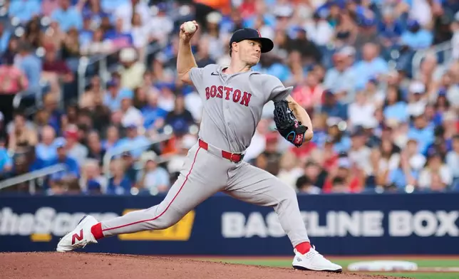 Boston Red Sox's Sonny Gray pitches against the Toronto Blue Jays during the second inning of a baseball game in Toronto, Monday, Aug. 10, 2026. (Sammy Kogan/The Canadian Press via AP)