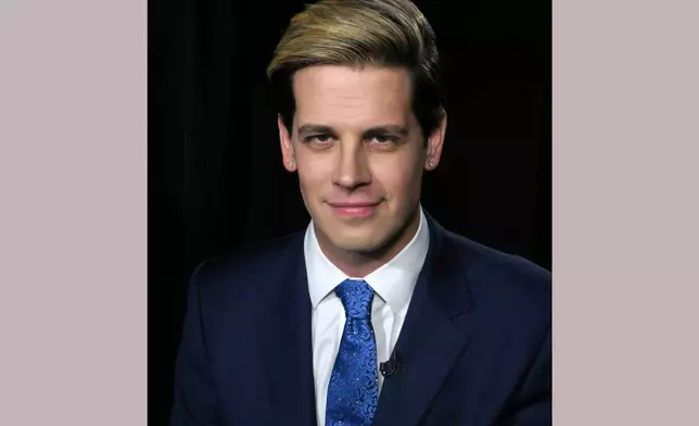 FILE - Media personality and author Milo Yiannopoulos appears during an interview in New York on July 18, 2017, to promote his autobiography, "Dangerous." (AP Photo/John Carucci, File)