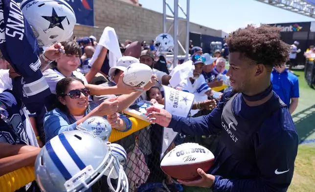 Dallas Cowboys defensive back Caleb Downs signs autographs during the NFL football team's training camp, Saturday, Aug. 1, 2026, in Oxnard, Calif. (AP Photo/Mark J. Terrill)
