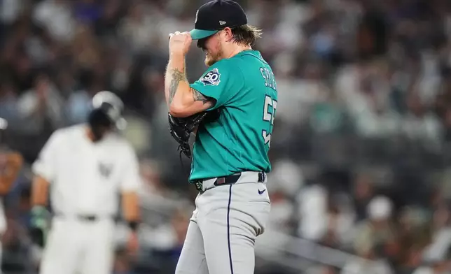 Seattle Mariners pitcher Gabe Speier leaves during the seventh inning of a baseball game against the New York Yankees Wednesday, Aug. 12, 2026, in New York. (AP Photo/Frank Franklin II)