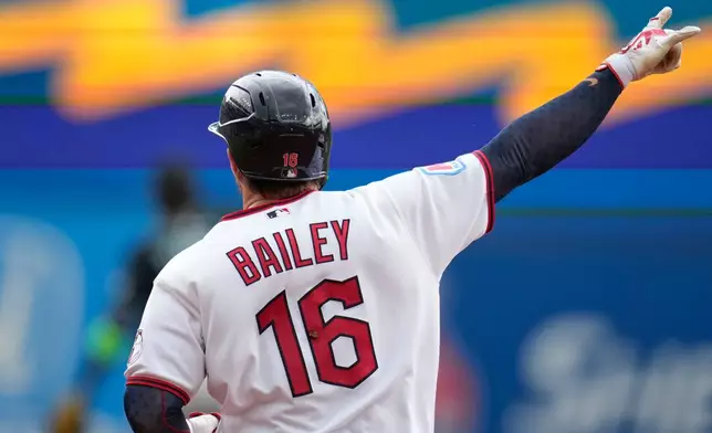 Cleveland Guardians' Patrick Bailey (16) gestures as he rounds the bases with a home run in the third inning of a baseball game in Cleveland, Sunday, Aug. 2, 2026. (AP Photo/Sue Ogrocki)