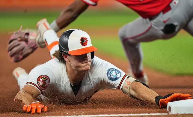 Baltimore Orioles' Coby Mayo slides into third base after hitting a triple during the seventh inning of a baseball game against the Los Angeles Angels, Tuesday, Aug. 4, 2026, in Baltimore. (AP Photo/Stephanie Scarbrough)