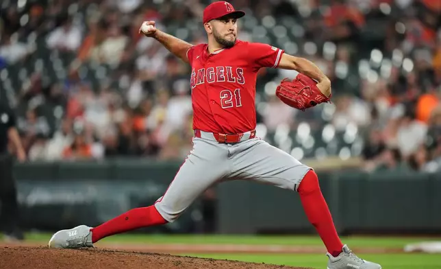 Los Angeles Angels starting pitcher Grayson Rodriguez delivers during the sixth inning of a baseball game against the Baltimore Orioles, Tuesday, Aug. 4, 2026, in Baltimore. (AP Photo/Stephanie Scarbrough)