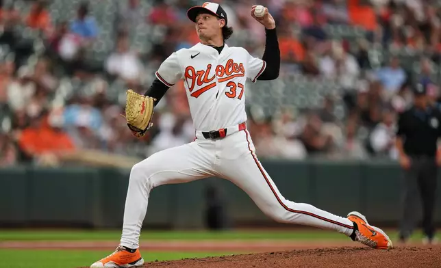 Baltimore Orioles starting pitcher Cade Povich (37) delivers during the second inning of a baseball game against the Los Angeles Angels, Tuesday, Aug. 4, 2026, in Baltimore. (AP Photo/Stephanie Scarbrough)