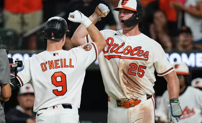 Baltimore Orioles' Tyler O'Neill (9) celebrates with Pete Alonso (25) after hitting a home run during the eighth inning of a baseball game against the Los Angeles Angels, Tuesday, Aug. 4, 2026, in Baltimore. (AP Photo/Stephanie Scarbrough)