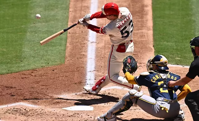 Los Angeles Angels' Wade Meckler, left, hits a two-run home run during the second inning of a baseball game against the Milwaukee Brewers, Sunday, Aug. 2, 2026, in Anaheim, Calif. (AP Photo/William Liang)