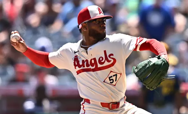 Los Angeles Angels pitcher Walbert Ureña delivers during the first inning of a baseball game against the Milwaukee Brewers, Sunday, Aug. 2, 2026, in Anaheim, Calif. (AP Photo/William Liang)