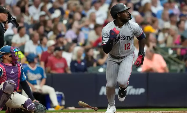 Minnesota Twins' Kaelen Culpepper flips his bat after hitting a solo home run for his first career hit and home run during the fourth inning of a baseball game against the Milwaukee Brewers, Friday, Aug. 7, 2026, in Milwaukee. (AP Photo/Aaron Gash)