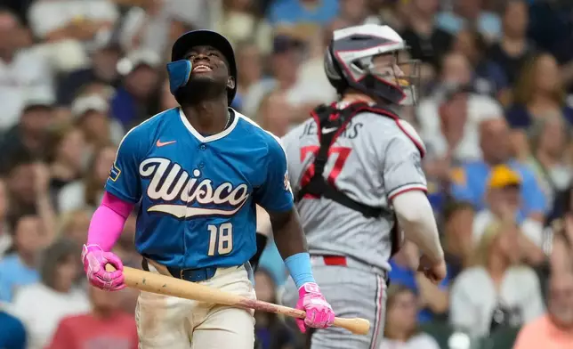 Milwaukee Brewers' Luis Lara (18) reacts after striking out during the seventh inning of a baseball game against the Minnesota Twins, Friday, Aug. 7, 2026, in Milwaukee. (AP Photo/Aaron Gash)