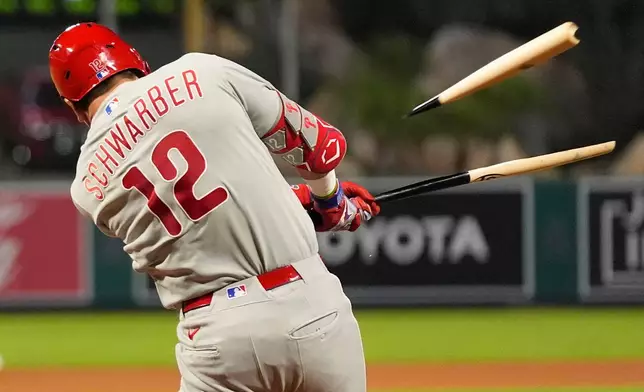 Philadelphia Phillies' Kyle Schwarber breaks his bat on a foul ball during the seventh inning of a baseball game against the Los Angeles Angels, Saturday, Aug. 29, 2026, in Anaheim, Calif. (AP Photo/Mark J. Terrill)