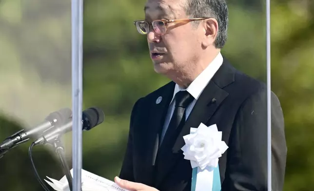 Hiroshima Mayor Kazumi Matsui reads a statement during a ceremony to mark the anniversary of the U.S. atomic bombing at the Hiroshima Peace Memorial Park in Hiroshima, western Japan Thursday, Aug. 6, 2026. (Kyodo News via AP)