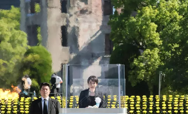 Japanese Prime Minister Sanae Takaichi delivers her speech during a ceremony to mark the anniversary of the U.S. atomic bombing at the Hiroshima Peace Memorial Park in Hiroshima, western Japan Thursday, Aug. 6, 2026. (Japan Pool/Kyodo News via AP)