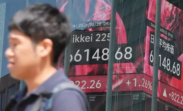 A person walks in front of an electronic stock board showing Japan's Nikkei index at a securities firm Thursday, Aug. 20, 2026, in Tokyo. (AP Photo/Eugene Hoshiko)