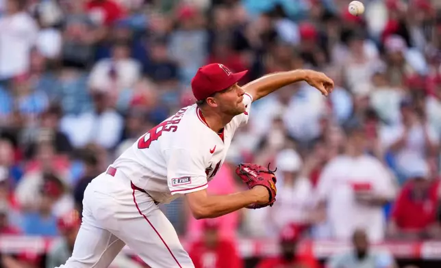 Los Angeles Angels starting pitcher Reid Detmers throws to the plate during the first inning of a baseball game against the Philadelphia Phillies, Friday, Aug. 28, 2026, in Anaheim, Calif. (AP Photo/Mark J. Terrill)