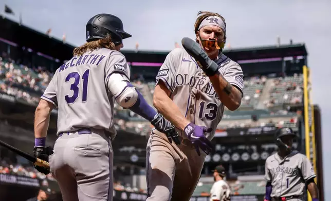Colorado Rockies' Zac Veen (13) celebrates after he scored on a wild pitch in the sixth inning of a baseball game against the San Francisco Giants in San Francisco, Sunday, Aug. 16, 2026. (Carlos Avila Gonzalez/San Francisco Chronicle via AP) CORRECTION: Corrects to Zac Veen not Zack Veen.