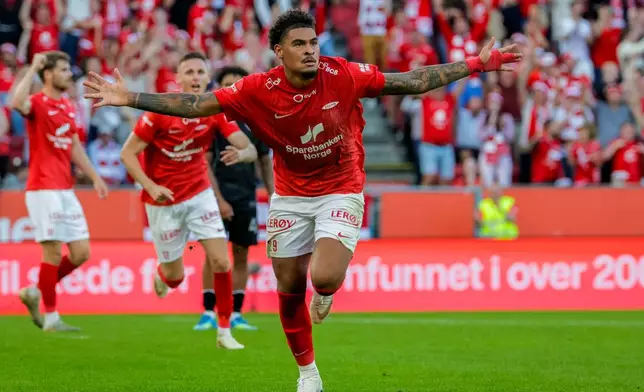 Brann's Noah Holm celebrates scoring a goal during the Conference League playoff soccer match between SK Brann and PAOK, Thursday, Aug. 27, 2026, in Brann, Norway. (Paul S. Amundsen/NTB Scanpix via AP)