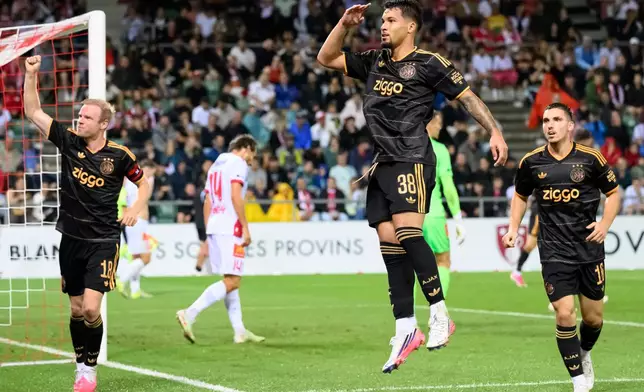 Ajax's Marcos Leonardo, center, celebrates scoring during the Conference League play-off round soccer match between FC Sion and AFC Ajax in Sion, Switzerland, Thursday Aug. 20, 2026. (Justin Gillieron/Keystone via AP)