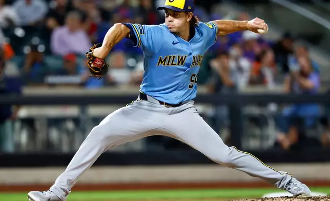 Milwaukee Brewers pitcher Robert Gasser throws against the New York Mets during the fifth inning of a baseball game, Wednesday, Aug. 26, 2026, in New York. (AP Photo/Noah K. Murray)